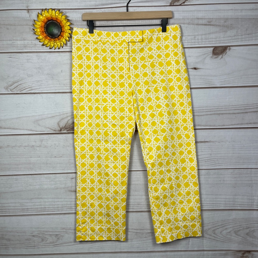 Vintage Liz & Co Womens 12 Yellow White Geometric Lattice Crop Stretch Pants